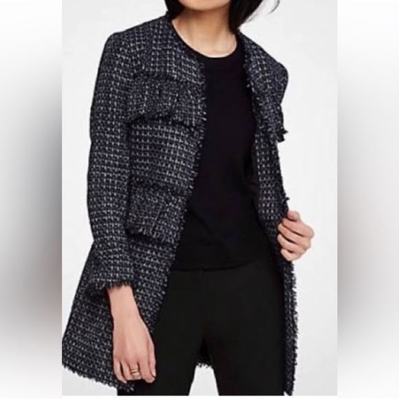 Ann Taylor blue tweed ruffle jacket. Navy blue and metallic size small - Picture 1 of 8